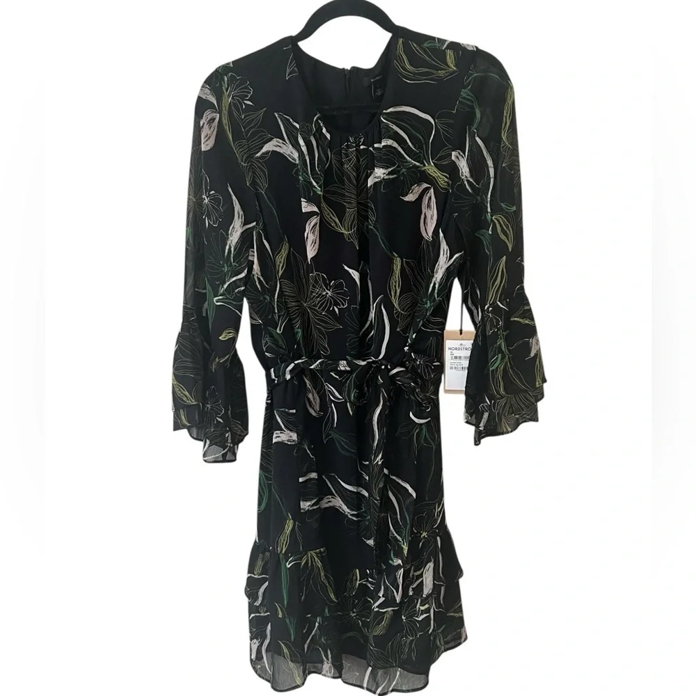 Halogen Black Floral Ruffle Minidress Rich Black NWT XL